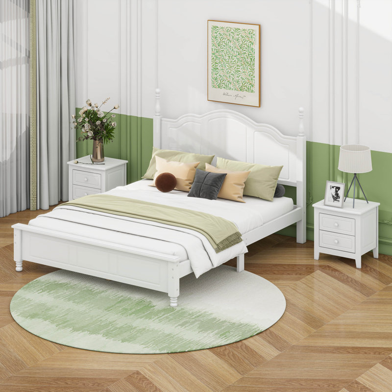 Ensemble de chambre à coucher 3 pièces - Grand lit plateforme en bois et 2 tables de chevet