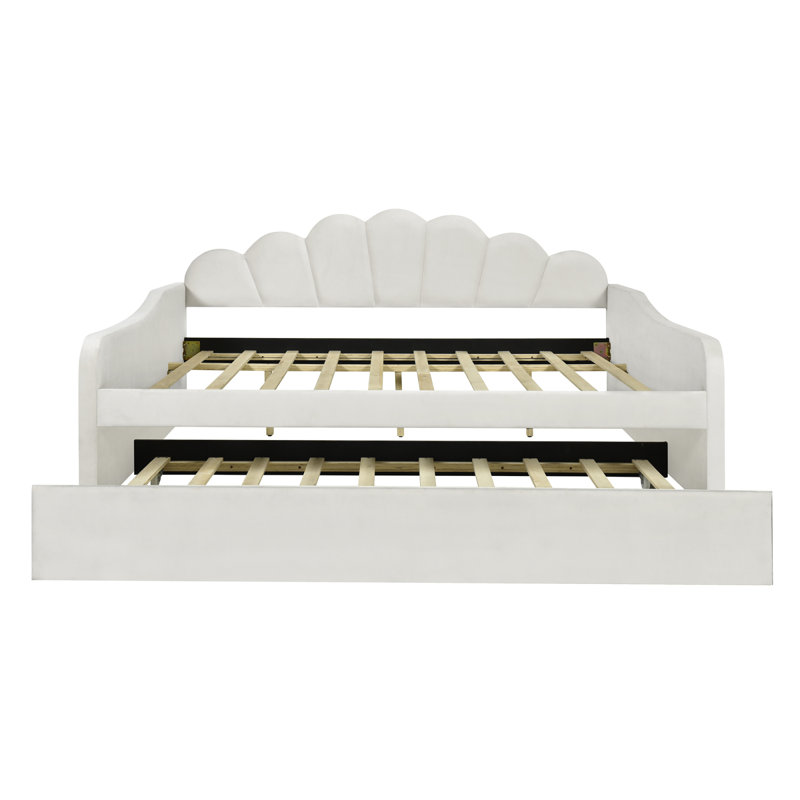 Full Size Upholstery Daybed Frame With Shall Shaped Backrest  And Trundle,White, White