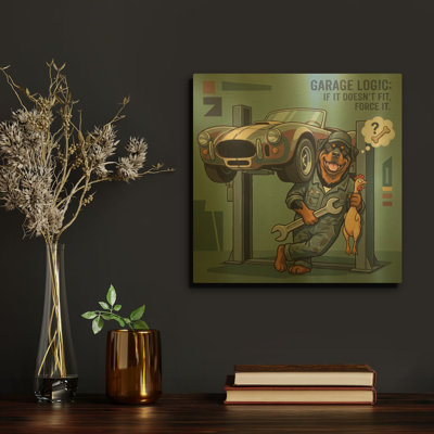 'Rotweiler Mechanic' By Ann Klee Gold Metal Wall Art, 12" x 12"
