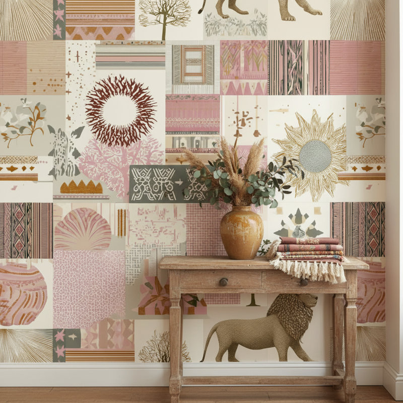 Double rouleau de papier peint amovible éclectique rose