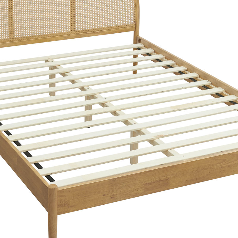 Odette Queen Oak Wood Platform Bed with Rattan Cane Headboard