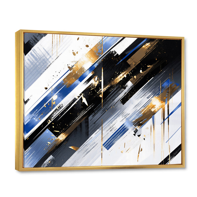 Abstrait symétrique bleu et or - impression, H 16 po x l 32 po x P 1 po, Cadre flottant doré