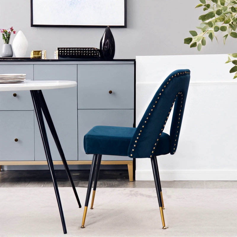 Modern Contemporary Velvet Upholstered Dining Chair With Nailheads And Gold Tipped Legs, Blue Velvet