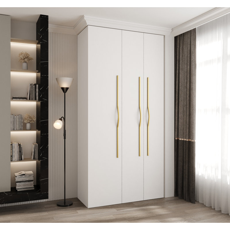 3 Door Manufactured Wood Wardrobe, 245,5 H x 120 W x 40 D, white matt + handles: gold