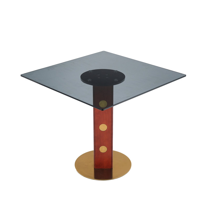 Table carrée moderne en verre trempé 33,5 po avec pieds en bois et base dorée pour 2 personnes dans les petites cuisines