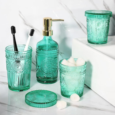 Teal Bathroom Accessories Set, 4 Pcs Glass Bathroom Accessory Sets Complete, Bath Soap Dispenser And Toothbrush Holder Set, Cotton Swab Cotton Ball Holders, Green Bathroom Counter Decor Sink Set