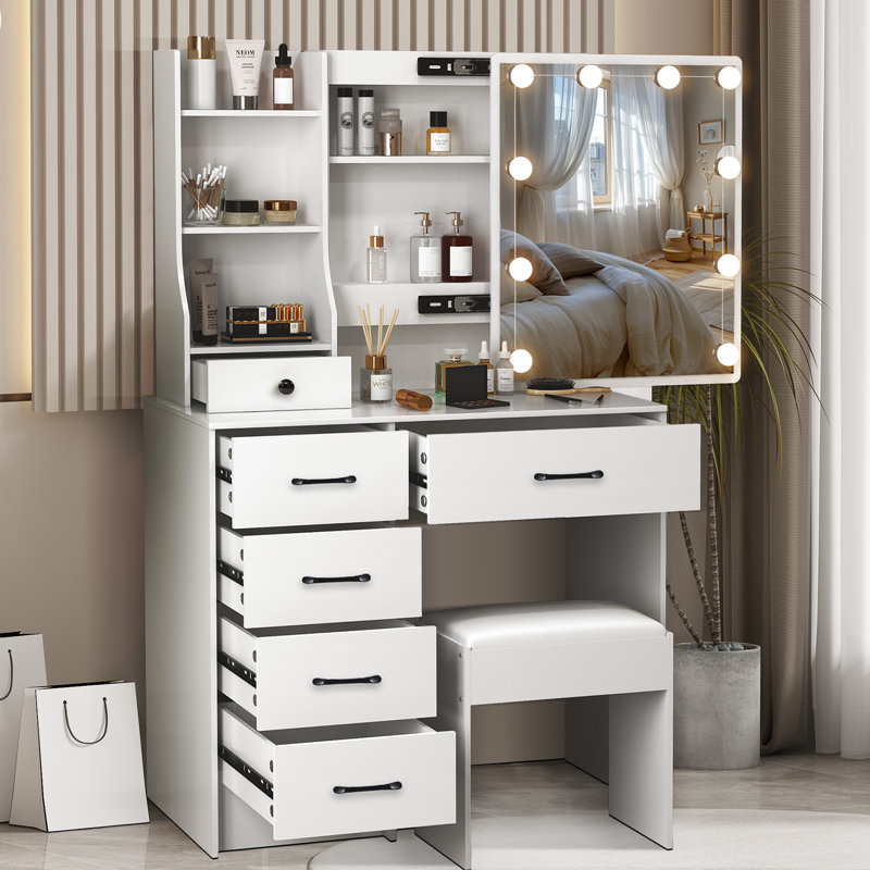 Ensemble de coiffeuse avec miroir de maquillage éclairé à DEL et bureau avec 6 tiroirs