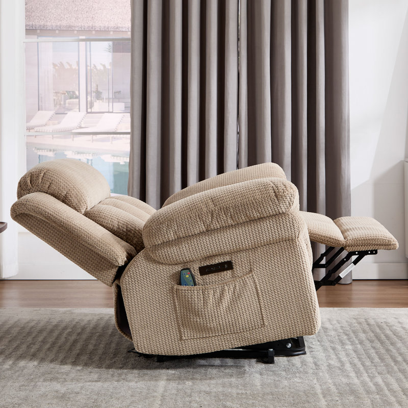 46.1" W Chenille Power Recliner with Massage and Heat , Sand Microfiber/Microsuede