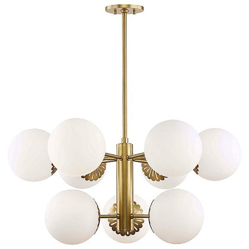 Lustre sphérique spoutnik clair, Blanc opaque givré, 45” Diameter x 28” Height, Bronze Antique