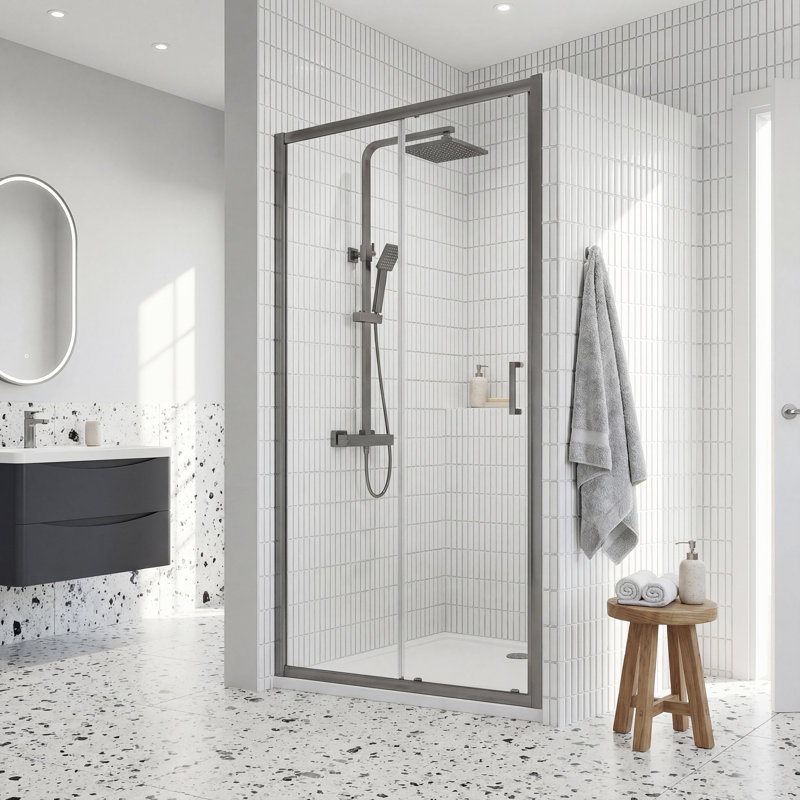 nuie Rene 1500mm Brushed Pewter Framed  Sliding Shower Door