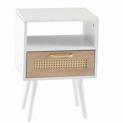 15.75" Rattan End table with  drawer and solid wood legs, Modern nightstand, side table for living room, bedroom, white