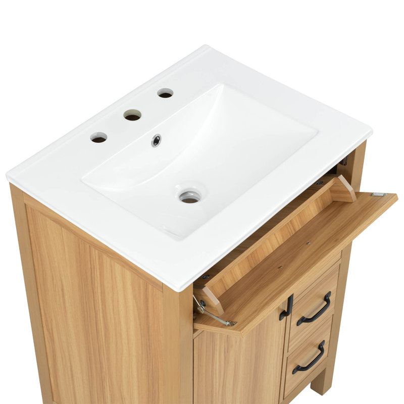 Meuble-lavabo simple autoportant en bois de 61 cm (24 po) avec dessus en céramique, 24"