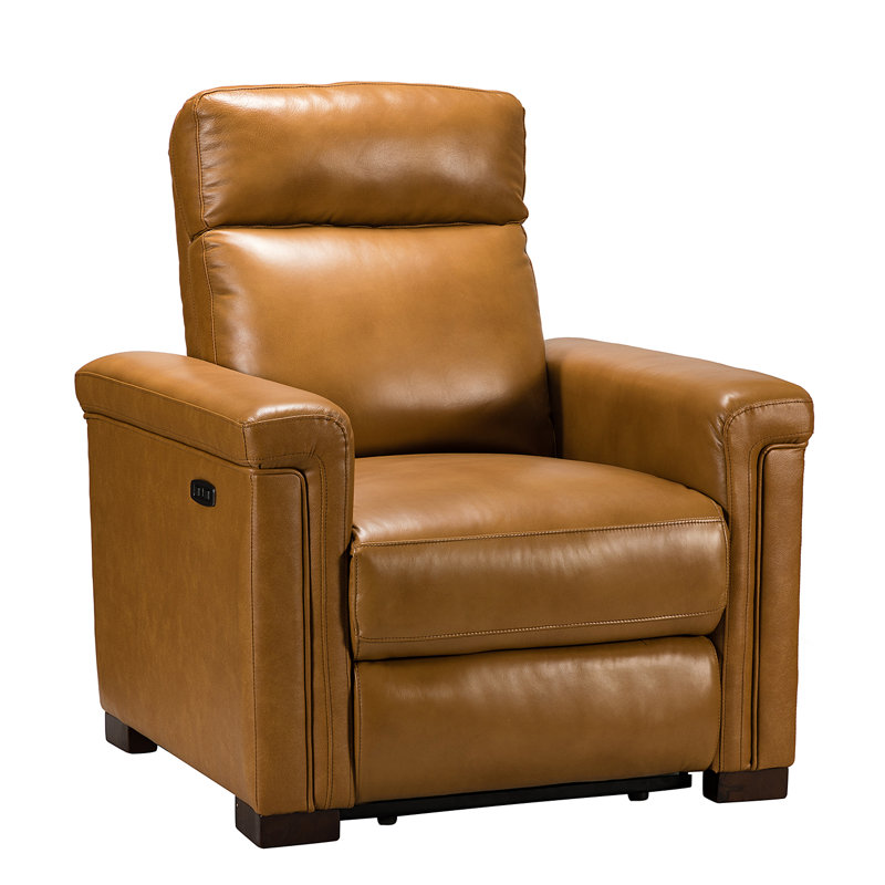 Westdale 36.02'' W Genuine Leather Power Standard Recliner with Solid Wood Legs, Camel