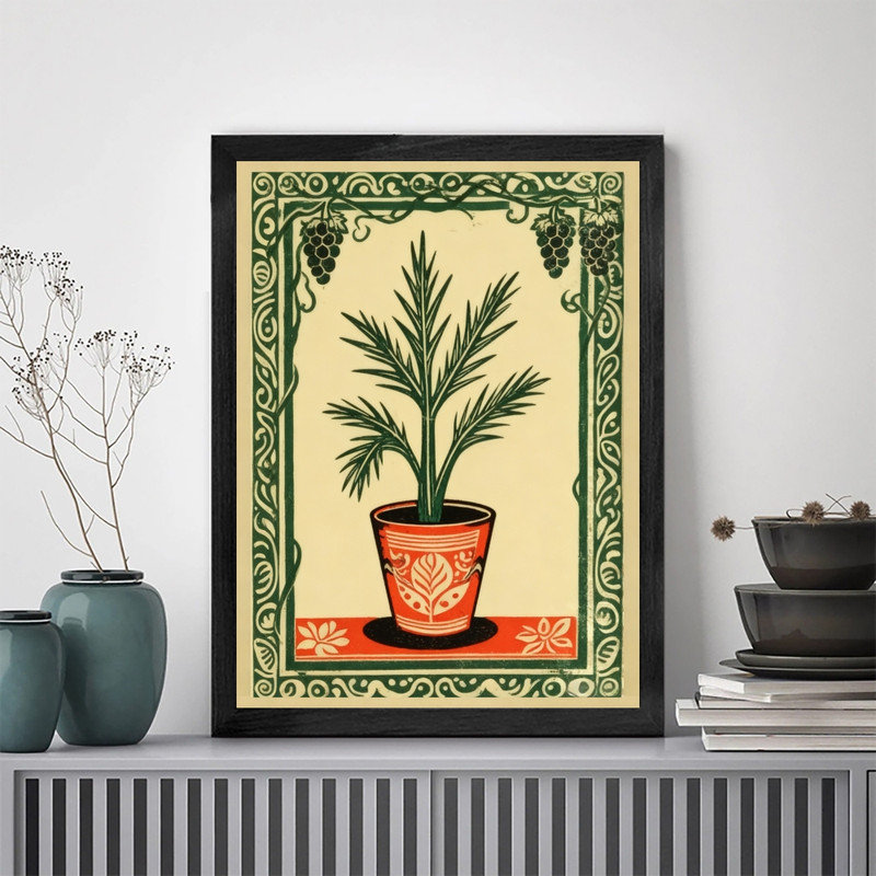 Reproduction botanique rétro encadrée noire Mid-Century, H 17 po x l 13 po