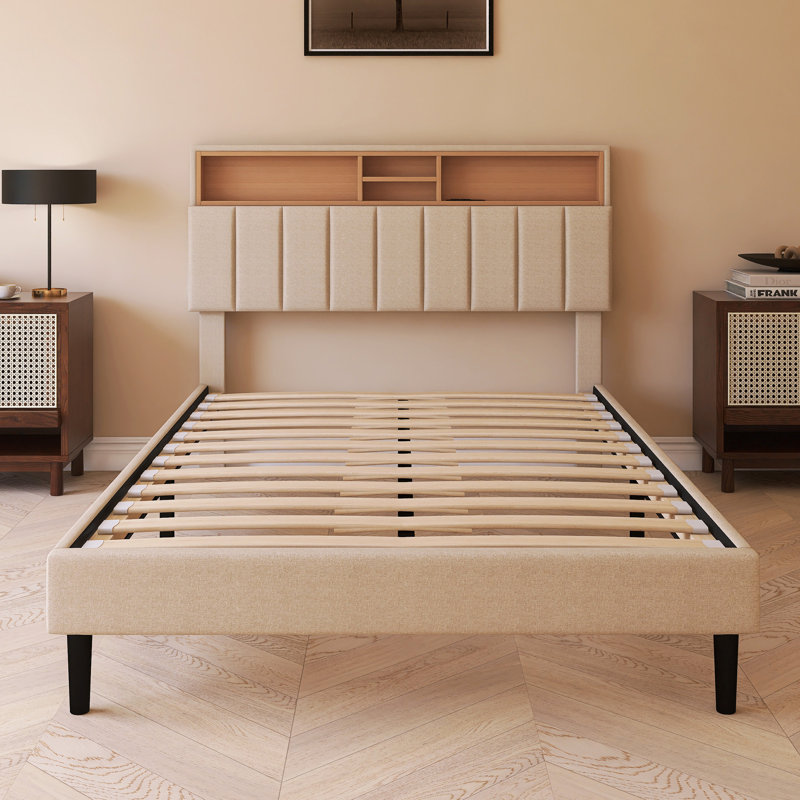 Lit plateforme tapissier double avec tête de lit et port USB, Beige, Double