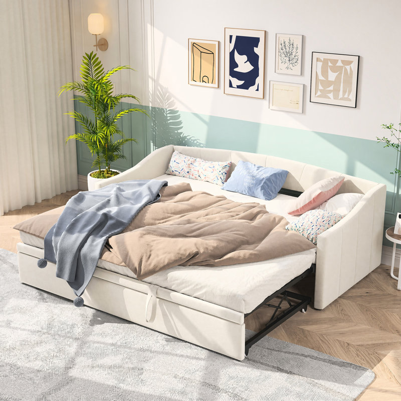 Velvet Upholstered Daybed with Pull Out Trundle, Beige