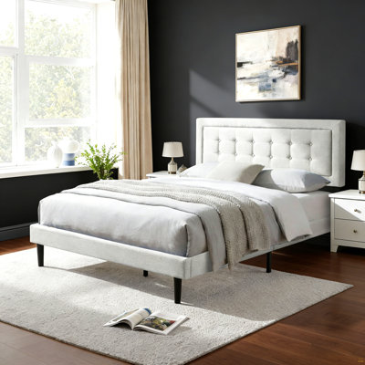 Queen Size Upholstered Platform Bed Frame, Easy Assembly Bedroom Bed Frame, Light Gray