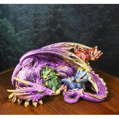 Magic Mother Dragon Protecting Her Colorful Hatchling Babies Figurine