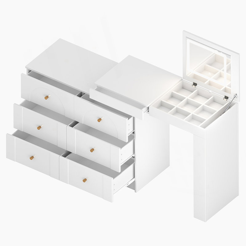 Bureau de coiffeuse avec miroir et lumières, table de coiffeuse avec plateau de table rabattable et tiroirs et tablettes de rangement