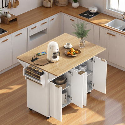 Fluted Kitchen Island With Drop Leaf, Power Outlet, Towel Rack, Spice Rack And Open Compartment