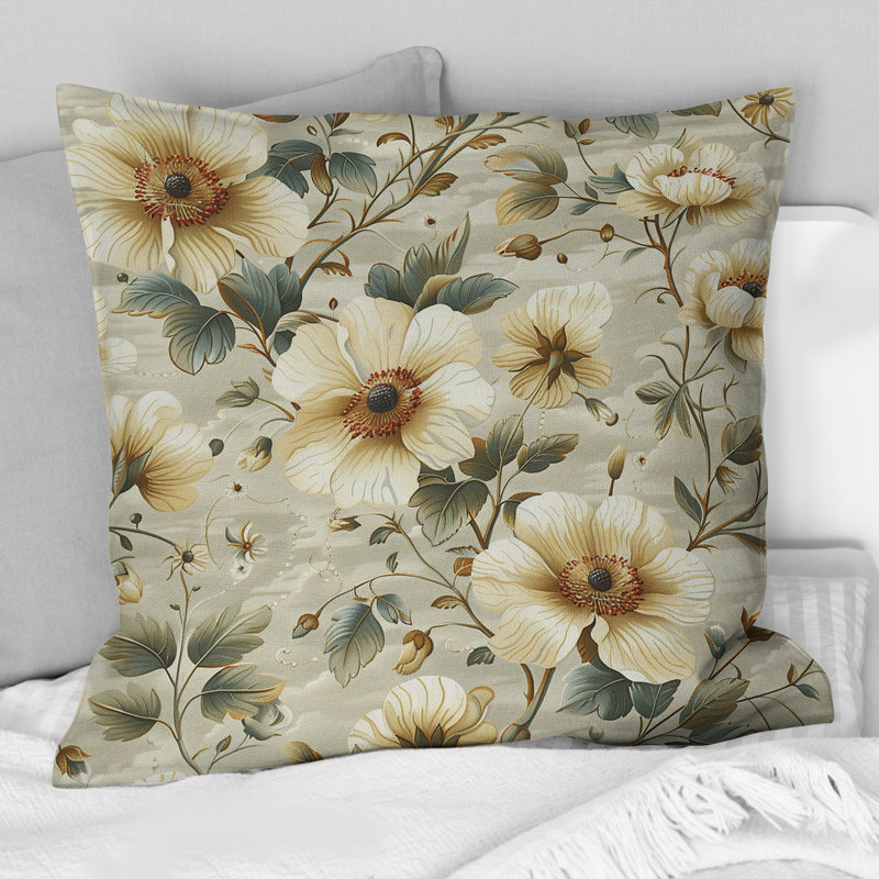 Ivoire crème Floral Blooms I - Coussin décoratif transitionnel, H 18 po x l 18 po