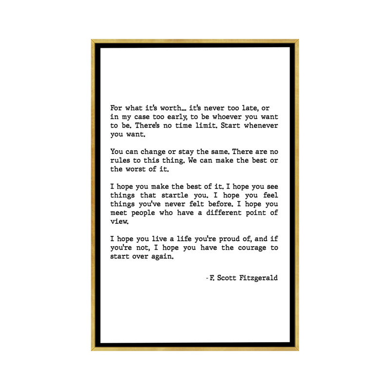 «For What It's Worth» par Scott Fitzgerald, impression d'art textuel, H 26 po x l 18 po x 1,5 po, Toile encadrée d'or