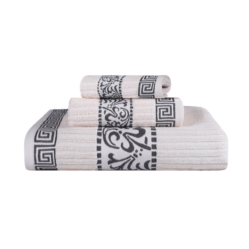 Jiro Athens 100% Cotton Medium Weight Floral Border Assorted Towel Set, Ivory/Gray