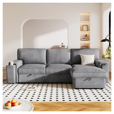 U_STYLE Grey Upholstered Sleeper Sectional Sofa with Storage Bags, Wood Frame, Square Arms