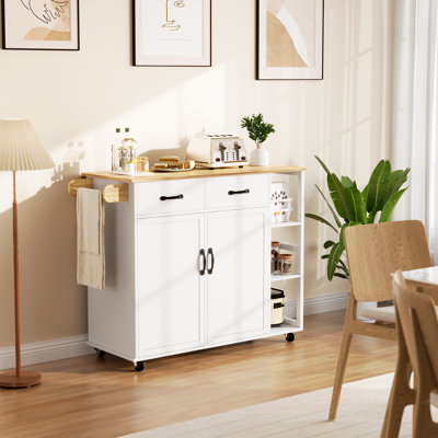 Chariot mobile pour îlot de cuisine avec abattant, armoire à 2 portes, 2 tiroirs de rangement, étagère à épices à 3 niveaux