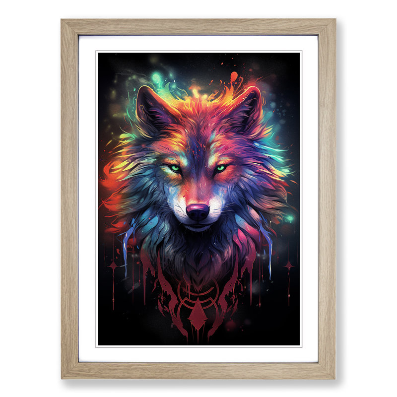 XYZ-FRM-V1223-1689 Wolf Conceptual - Single Picture Frame Print on Wood, 64cm H x 46cm W x 2cm D, Oak
