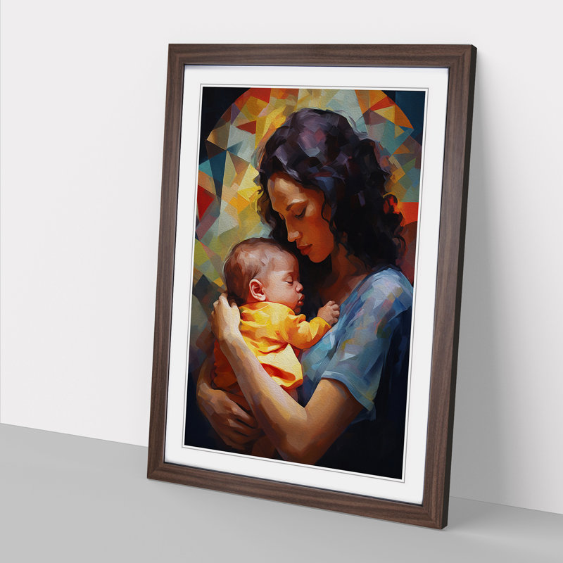 XYZ-FRM-V1223-4565 Mother And Baby Hard Edge Painting - Single Picture Frame Print on Wood, Walnut , 46cm H x 34cm W x 2cm D