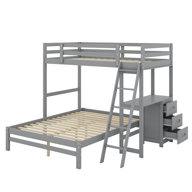 Lit simple superposé au dessus d'un lit double avec bureau et tiroirs, Gris