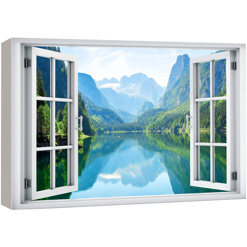 «Window View Mountain Range Forest Lake Reflection Nature Images Scenic Landscape» sur toile, H 24 po x l 36 po
