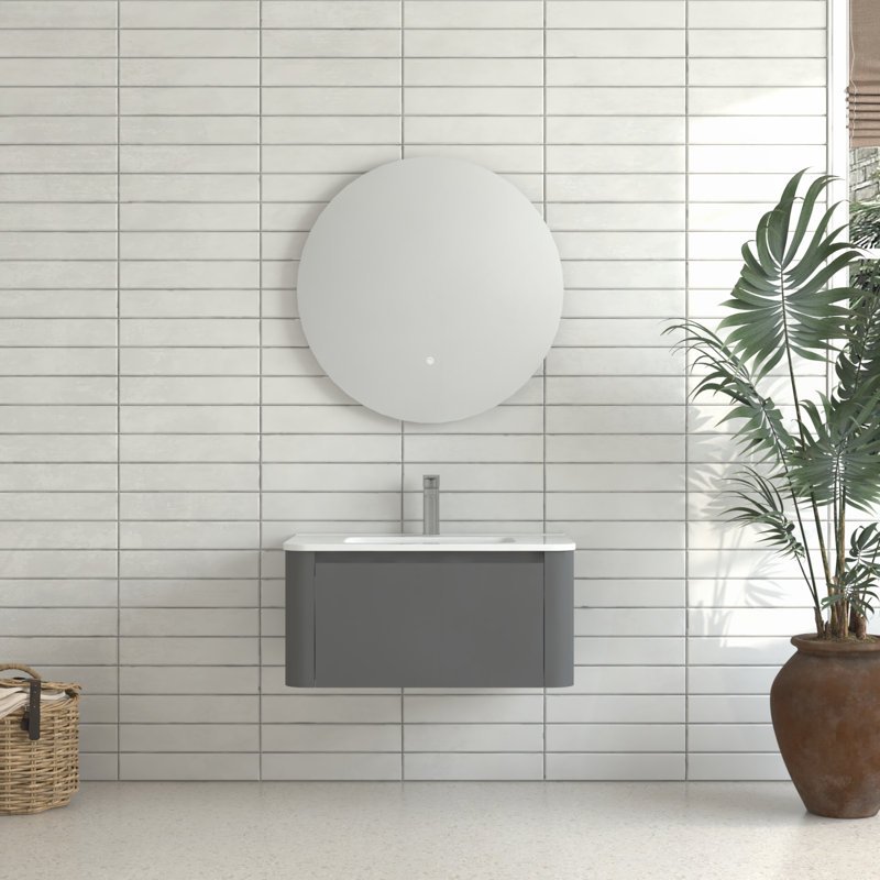 Meuble-lavabo flottant gris 30 po avec lavabo en céramique blanche, conception compacte et moderne