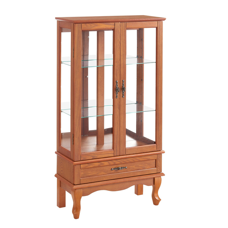 Lighted Glass Display Cabinet Glass Wine Cabinet Curio Display Cabinet With Adjustable Glass Shelves Two Doors And One Drawer Bulb Included For Home Decor And Storage