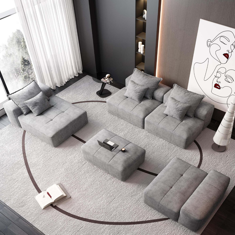 Canapé modulaire moderne capitonné avec 6 coussins, Chenille grise