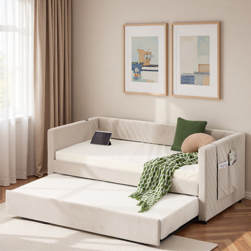 Upholstered Daybed With Trundle, Usb Port And Side Pockets, Beige