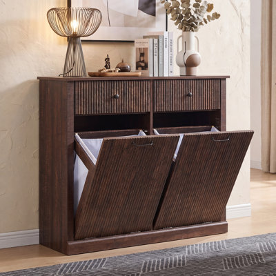 Tilt Out Trash Cabinet Double Door 20 Gallon Wooden Free Standing with Drawers for Kitchen, Living Room