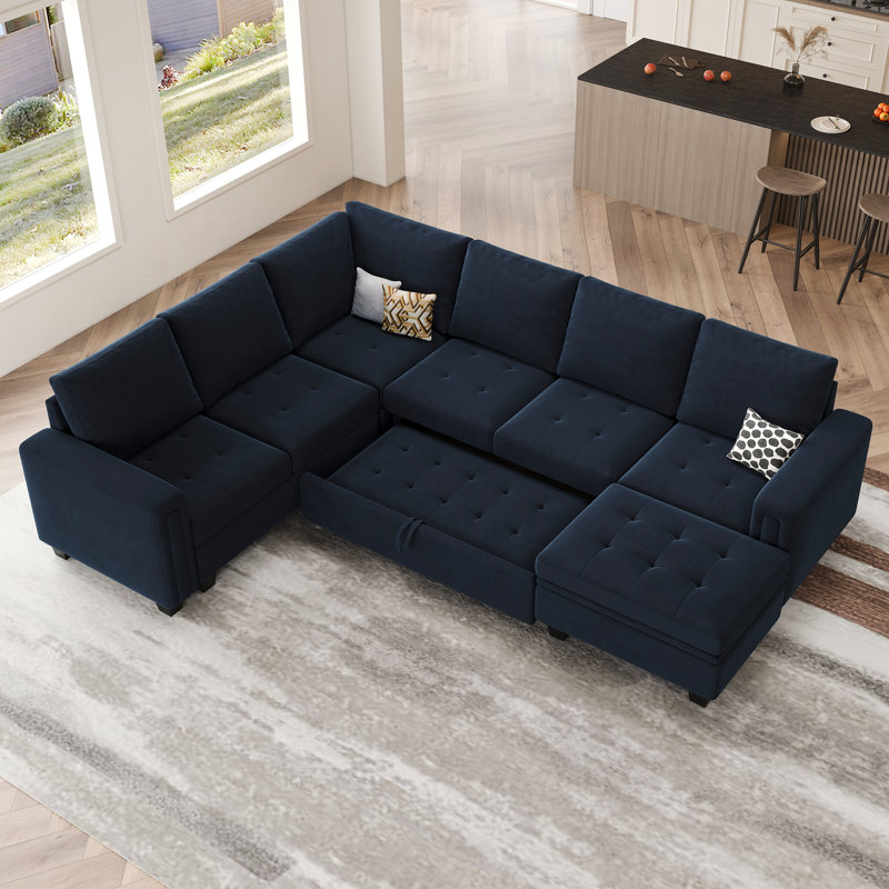 Shavera Velvet L Shaped Sectional Sofa Bed Sleeper Couch With Storage Ottoman, Black Velvet