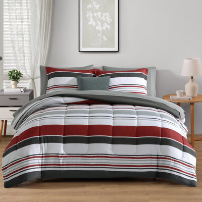 Monbix Full Size Comforter Set - 7 Pieces Bed in a Bag Full, Red and Black-Stripe Bedding Sets, All Seasons Comforter Bed Set with Sheets, Pillowcases & Shams