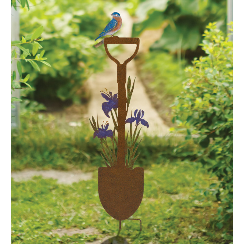 Rustic 36" Metal Shovel Stake with Iris and Bird