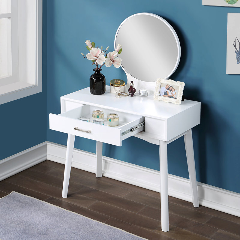 Contemporary Wood Vanity And Stool Set, White, White