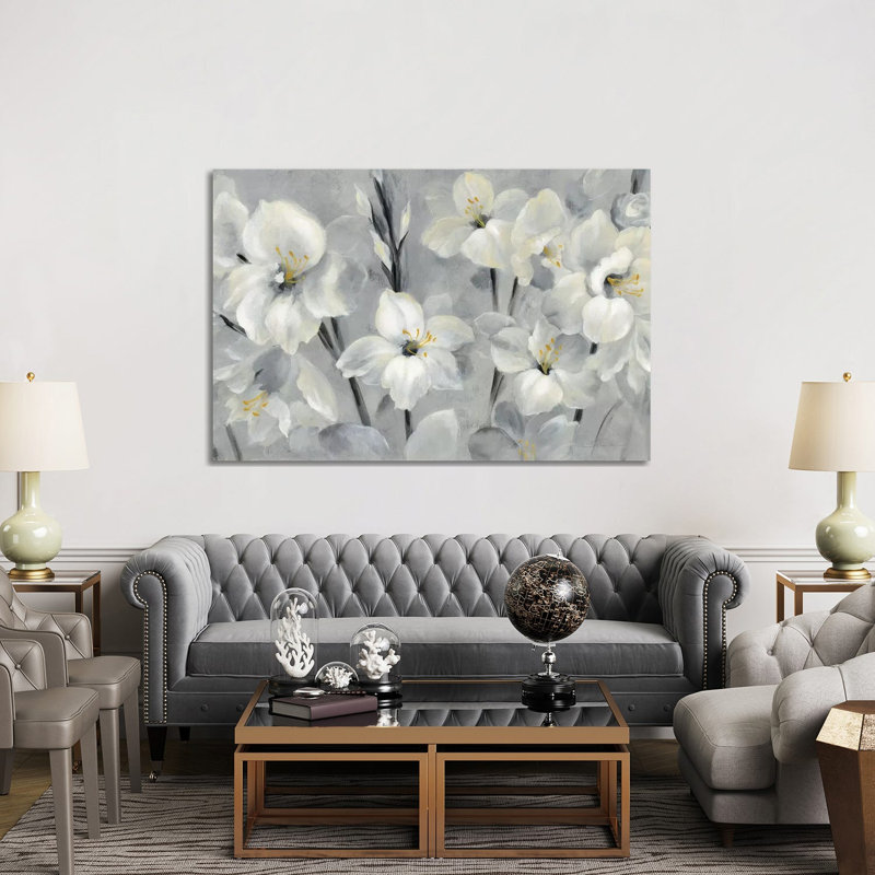 Flowers On Grey by Silvia Vassileva - Wrapped Canvas Painting, 152.5 cm H x 101.5 cm W