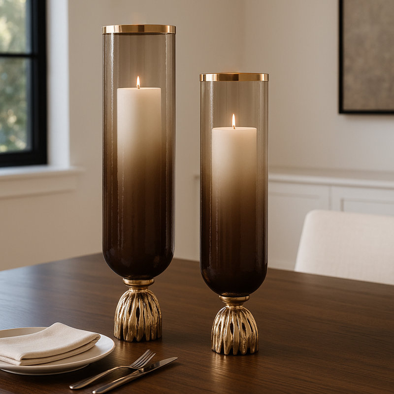 Porte-bougie décoratif décoratif en verre pour décor de table - Bougeoir moderne pour décor de salon - ensemble de 2, 20 po, 23 po, brun