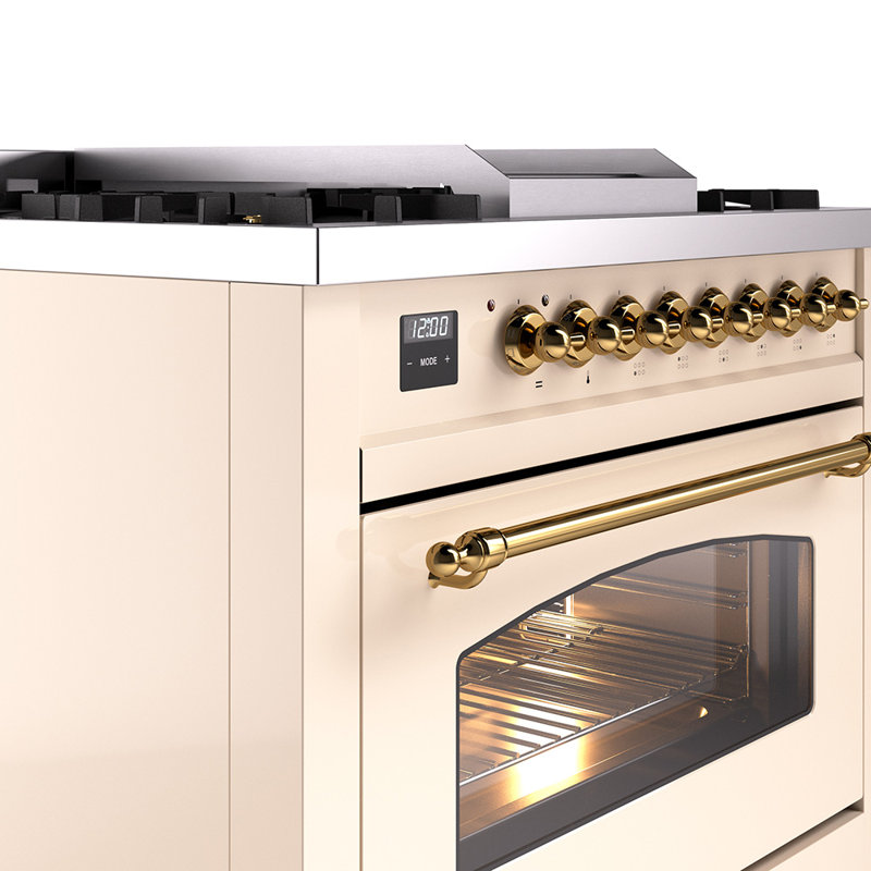ILVE Nostalgie II 36 Dual Fuel Range, knobs, Antique White/Brass, Liquid Propane