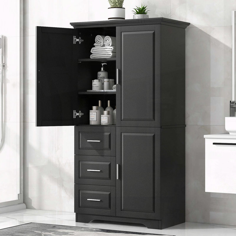 Tall and Wide Storage Cabinet with Three Drawers and Three Doors - Black, Black