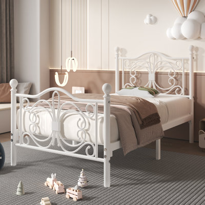 Twin Metal Bed Frame with Butterfly Design Headboard and Footboard, Sturdy Metal Slats Support, Adequate Under-Bed Storage, No Box Spring Needed, Easy Assembly, White