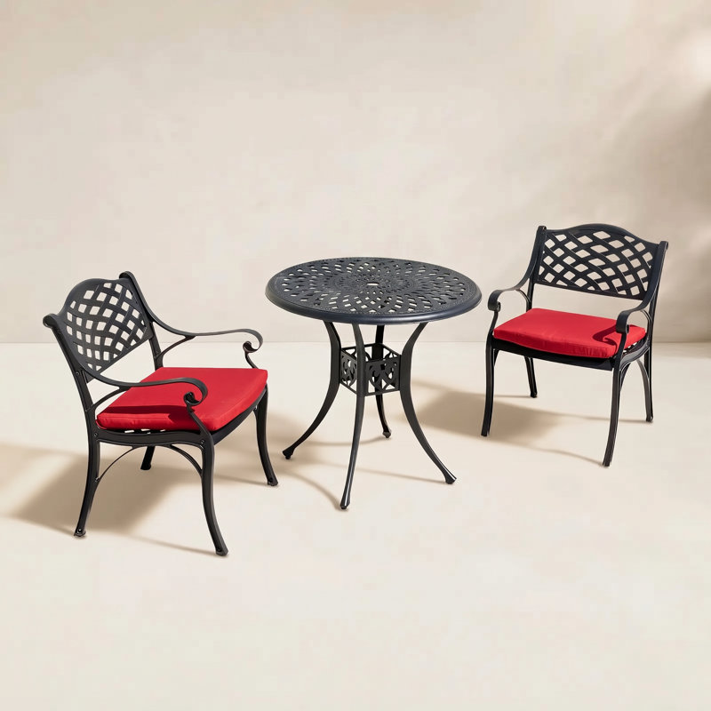 Ensemble bistro d'extérieur en fonte d'aluminium avec coussins 3 pièces, Rouge