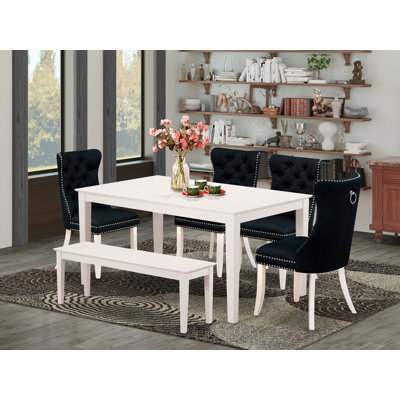 Ensemble de table de cuisine 6 pièces composé d'une table de salle à manger rectangulaire et de 4 chaises rembourrées en tissu de polyester avec banc, 36 x 60 pouces, lin blanc