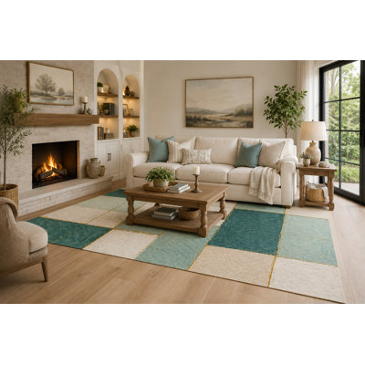 Tapis à blocs de couleur moderne bleu sarcelle, turquoise et crème de 6 pi 7 po x 9 pi 10 po Ultra Ultra